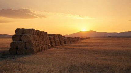 Wall Mural - Stacks of hay bales in a serene countryside landscape during sunset warm golden light illuminating the field and distant mountains