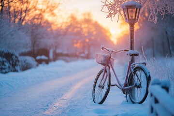 Aufkleber - A serene winter sunrise illuminates a snowy path where a frost-covered bicycle rests by a lamp post, casting gentle light over the tranquil scene.