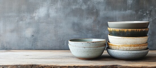 Poster - Ceramic bowls stacked on rustic wooden table with textured grey wall background ideal for home decor and photography inspiration
