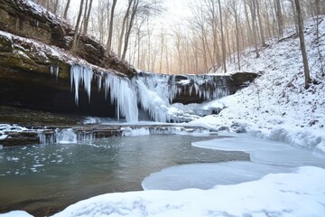 Poster - Beautiful winter landscape featuring a serene frozen waterfall surrounded by icicles and snow-covered trees, evoking a sense of tranquility and natural beauty.