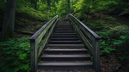 Poster - Forest staircase leading through lush greenery and trees in a serene natural setting inviting exploration and tranquility.
