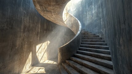 Poster - Spiral Staircase Illuminated by Natural Light in a Minimalist Architectural Setting