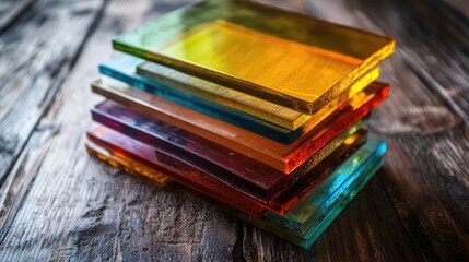 Poster - Colorful stacked glass sheets on a dark wooden table perfect for stained glass art and creative projects.