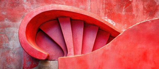 Poster - Vibrant red staircase showcasing abstract urban architecture ideal for contemporary interior design inspiration and creative aesthetics.