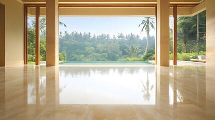 Aufkleber - Spacious interior with a view of lush greenery and a serene landscape beyond large windows