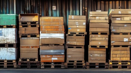 Poster - Stacked cardboard boxes on wooden pallets in an organized warehouse setting ready for shipping and storage logistics operations.