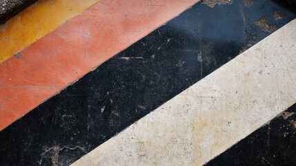 Poster - Closeup of a textured stairway pattern featuring bold stripes in black, orange, and white showcasing aged surface design elements.