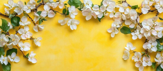 Poster - Spring yellow backdrop with blooming apple flowers creating a vibrant border ideal for design mockups and text placement in advertisements