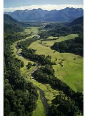 Poster - Aerial View of Serene Valley with River and Lush Green Mountains Under a Clear Sky : Generative AI