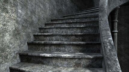 Poster - Elegant spiral stone staircase leading to unknown depths in an ancient building showcasing texture and architectural beauty.