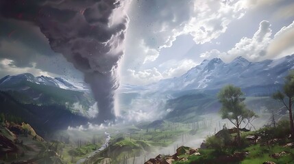 Wall Mural - A tornado is a powerful and destructive natural phenomenon characterized by a rapidly rotating column of air that extends from a thunderstorm cloud to the ground. The formation of a tornado begins wit