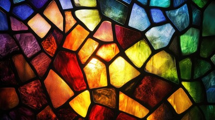 Poster - Colorful stained glass mosaic pattern with vibrant hues illuminating textures in a decorative design suitable for artistic backgrounds and interiors