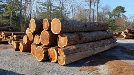 Poster - stack of freshly cut tree trunks arranged neatly on gravel at a lumber yard surrounded by trees and natural scenery
