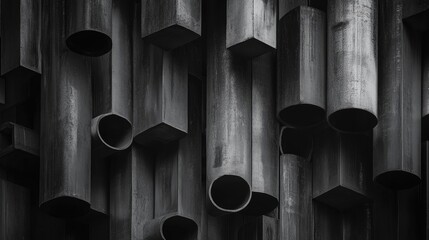 Poster - Abstract background of stacked aluminum pipes showcasing geometric shapes and textures in a monochromatic color scheme.