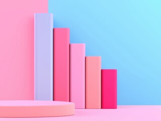 Poster - 3d bar graph with pastel-colored blocks illustrates business analytics and growth concept on split pink and blue background