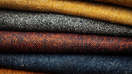 Poster - Close-up of neatly stacked colored fabric showcasing various textures and patterns on a clean white background for fashion and textile design.