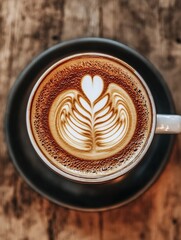 Poster - Artistic Cappuccino Coffee with HeartShaped Latte Art on Rustic Table : Generative AI