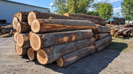 Poster - stack of freshly cut tree trunks neatly arranged outdoors in a lumber yard with clear blue skies and green trees in the background