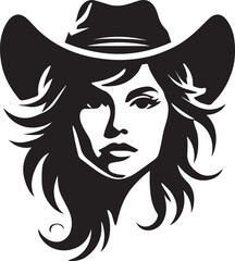 Wall Mural - Cowgirl wearing hat style logo vector, woman face vector illustration, Cowgirl silhouette vector icon black and white