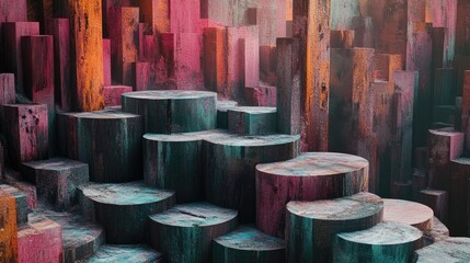 Poster - Abstract landscape of multicolored cylindrical shapes resembling a vibrant natural formation or artistic installation. Ideal for creative designs.
