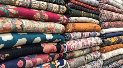 Poster - Vibrant selection of stacked textiles showcasing rich patterns and colors in a traditional market setting