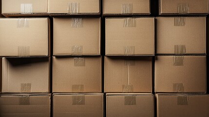 Poster - Brown cardboard boxes stacked uniformly providing a textured background suitable for packaging or shipping themes in design projects.