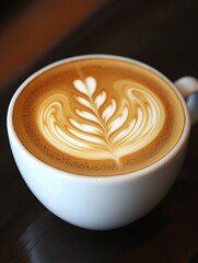 Poster - Artistic Latte Art Coffee in Elegant White Cup on Cafe Table : Generative AI