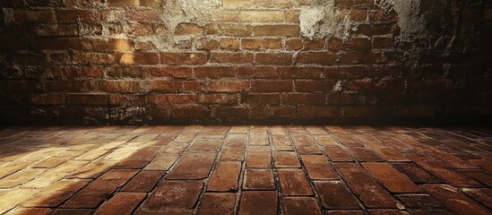 Poster - Rustic brick floor and weathered wall create a dramatic backdrop for creative photography and artistic displays in various settings.