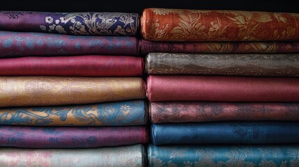 Poster - Colorful stacked fabrics showcasing diverse textures and patterns in a traditional bazaar setting for textiles and fashion enthusiasts.