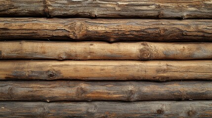 Poster - Stacked wooden logs for construction material background showcasing textured timber in natural earthy tones