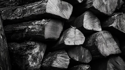 Poster - Textured stack of firewood logs in monochrome displaying natural patterns and grains ideal for rustic or nature-themed projects