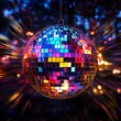 © Ravi - Colorful disco mirror ball nightclub sphere light. Generative Ai