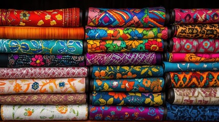 Poster - Vibrant collection of rolled colorful fabrics showcasing intricate patterns and textures beautifully arranged in a stacked display.