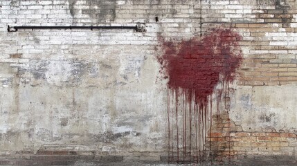 Poster - Weathered brick wall with a red stain resembling a heart shape creating an abstract urban texture background for artistic purposes.