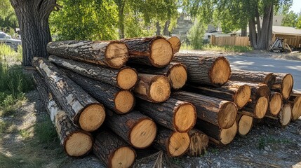 Poster - Freshly harvested stacked logs ready for lumber processing under sunny trees