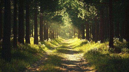 Poster - Tranquil Forest Path Lined with Tall Pine Trees and Sunlit Wildflowers : Generative AI