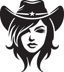 Wall Mural - Cowgirl wearing hat style logo vector, woman face vector illustration, Cowgirl silhouette vector icon black and white