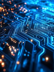 Poster - High Tech Electric Circuit Board with Neon Blue Lighting Effects : Generative AI
