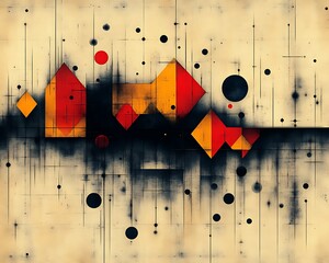 Abstract geometric art with red, orange, and black shapes on a beige background.