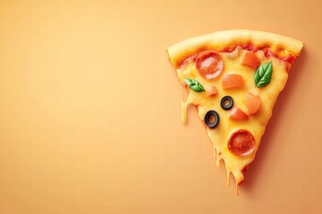 Poster - Delicious pizza slice with fun toppings and cheese drips on a minimalistic background for a tasty mock up. Generative AI