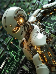 Aufkleber - Advanced Futuristic Robot with Circuit Board Background in High Tech Environment : Generative AI