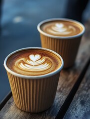 Poster - Artistic cafe latte with intricate heart latte art served in cozy cafe setting : Generative AI