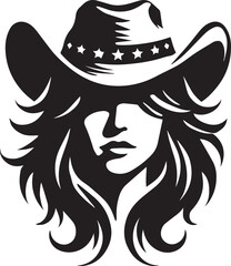 Wall Mural - Cowgirl wearing hat style logo vector, woman face vector illustration, Cowgirl silhouette vector icon black and white