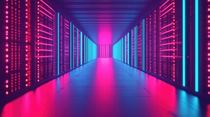 Poster - Futuristic server room bathed in vibrant neon lights, creating a modern workspace ideal for digital data projections and technological advancements