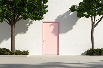 Poster - A modern doorway in pastel pink against a white concrete exterior.