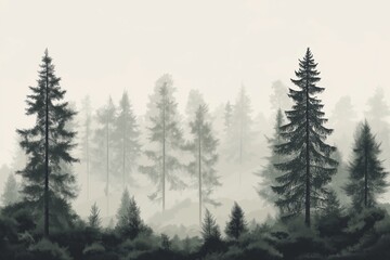 Poster - A monochromatic forest of tall, thin trees in soft gray tones