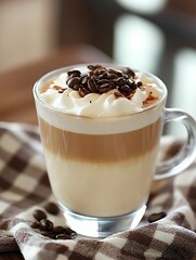 Aufkleber - Delicious layered cappuccino with whipped cream and coffee beans : Generative AI