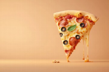 Poster - Delicious pizza slice with toppings and cheese drips on minimalist background for food lovers. Generative AI