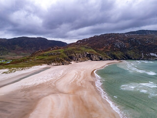 Poster - Aerial view of the beach and caves at Maghera Beach near Ardara, County Donegal - Ireland.