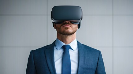 Poster - Businessman wearing virtual reality headset is exploring metaverse in modern office, concept of immersive vr technology in corporate environments